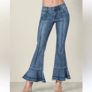 Flare Jeans Pearl Detailing Raw Hem Black Gray Boho Hippie Festival Wide Leg 6